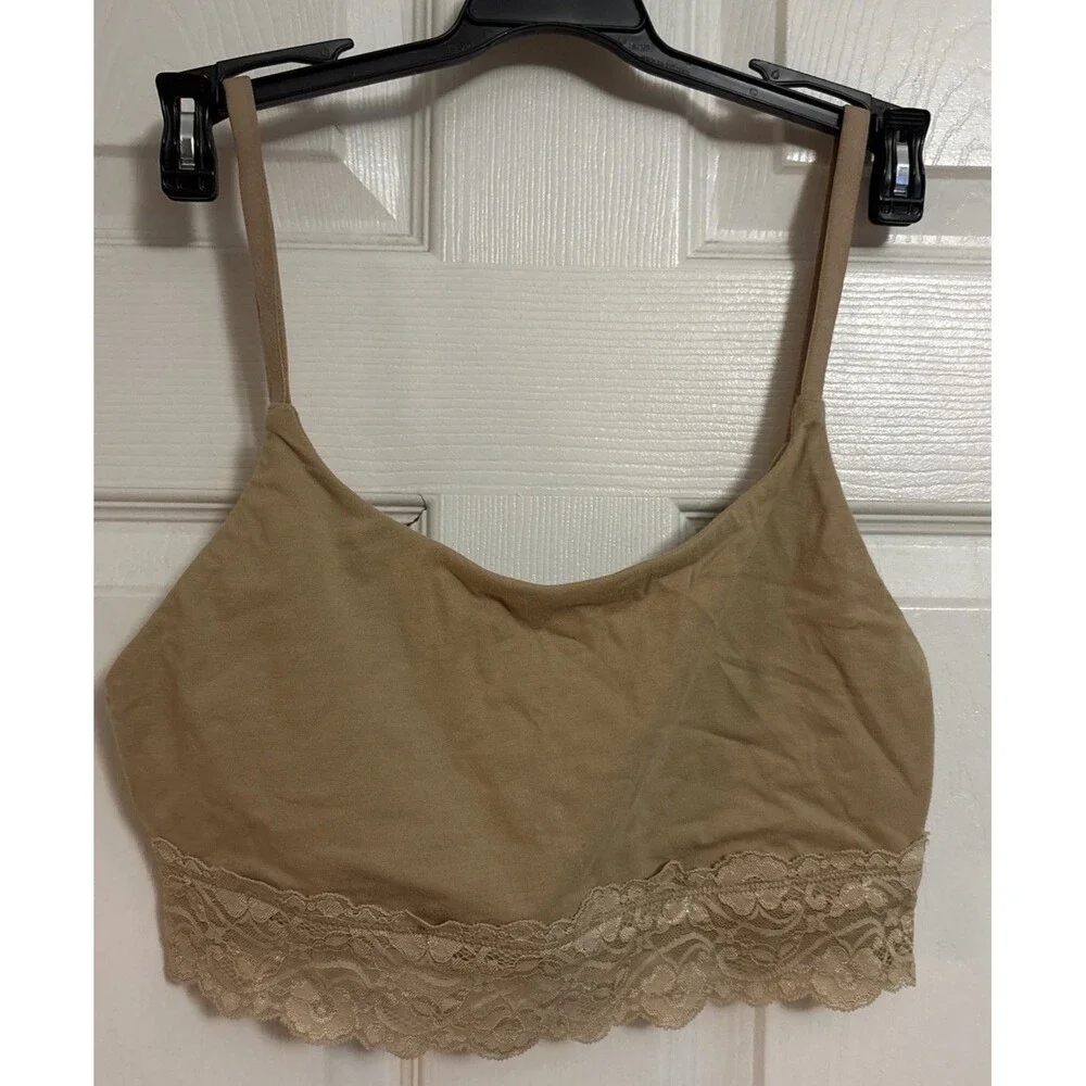 Pact Women's Organic Sustainable Cotton Lace Trim Bralette Beige Nude Comfy Sz M